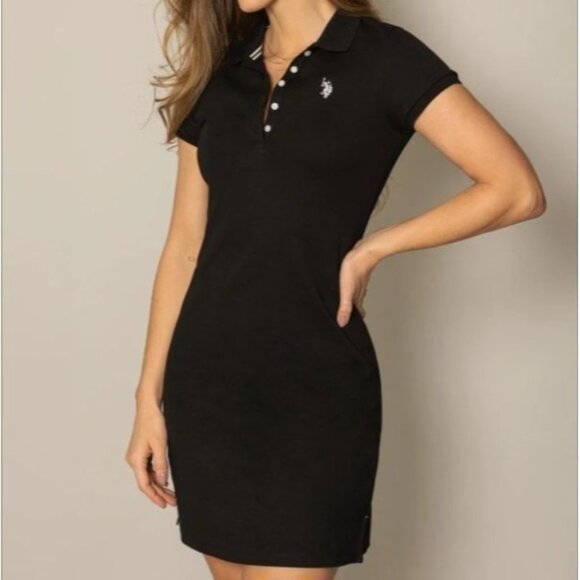 U.S. Polo Assn Solid Black Collared Button Down Short Sleeve Pullover Dress XS - Picture 1 of 9